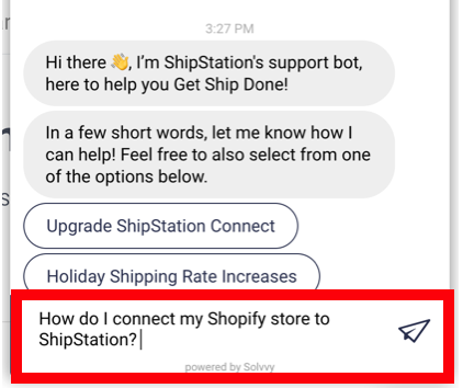 Pop-up widget to ask support questions. Reads, Hello, how can we help?